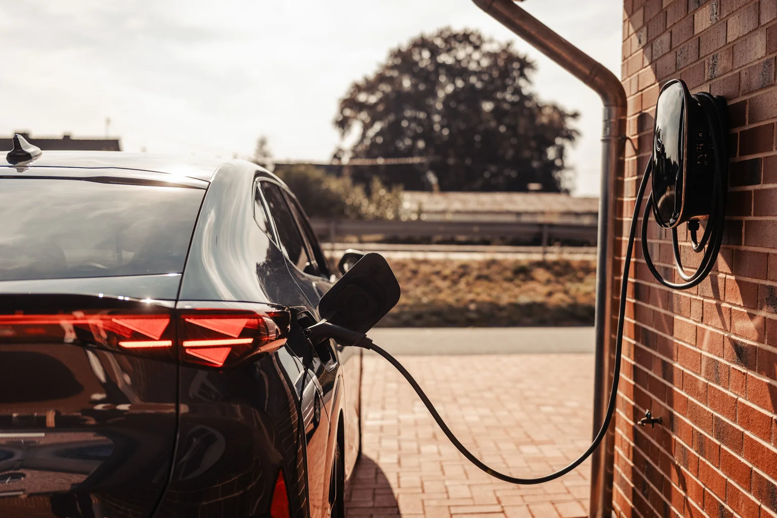 Wallbox an einer Hauswand mit ladendem Elektroauto